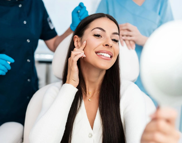 Woman receiving dental treatment in clinical setting with dentist and assistant present.