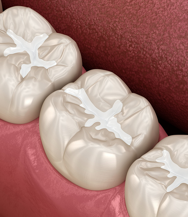 Three white dental crowns displayed on pink surface showing occlusal view and detail.