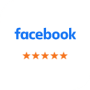 Facebook logo with five orange stars below indicating a five-star rating for Aspire Dental.