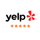 Yelp logo with five gold stars indicating Aspire Dental's excellent customer rating.
