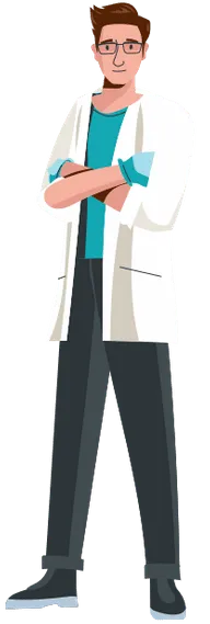 Cartoon male dentist in white coat and teal scrubs holding dental tools, smiling confidently.