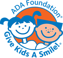 ADA Foundation logo featuring two smiling children's faces in blue and orange colors with text "Give Kids A Smile"